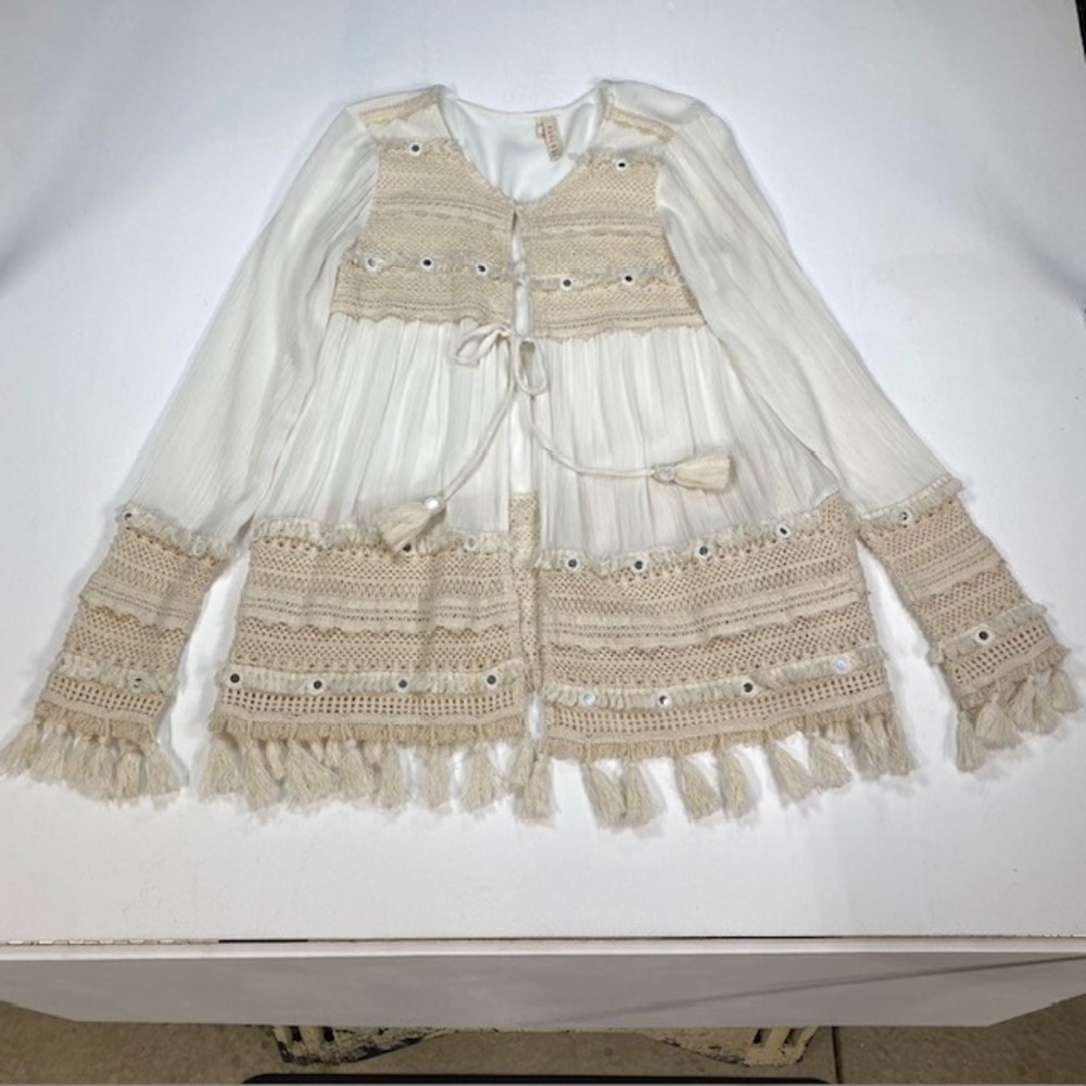 RAGA Womens XS Ivory Boho Crochet Mirror Work Tassel Tie Front Blouse Top